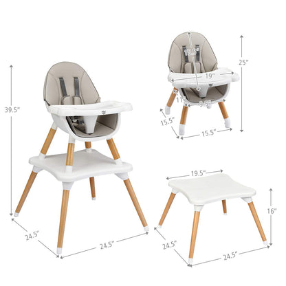 BABY JOY 6 in 1 High Chair, Convertible High Chairs for Babies and Toddlers/Booster Seat/Table and Chair Set, Infant Wooden Highchair w/ 5-Point Harness, 4-Position Removable Tray & PU Cushion, Coffee