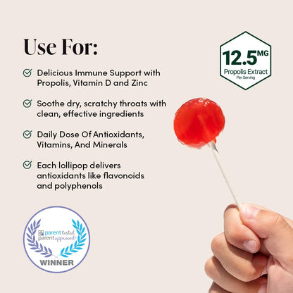 Kids Throat Soothing Lollipops by Beekeeper's Naturals - Doctor Formulated Immune Support, Vitamin D & Honey, Under 2g Sugar, Clean Ingredients,15 ct