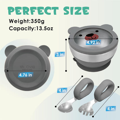 MR. CHOU Baby Bowls with Non-Slip Silicone Suction Cup, Insulated Double-Layer 304 Stainless Steel Toddler Bowls with BPA Free Airtight Lids, Food-Grade Silicone Safe for Kids (Blue)