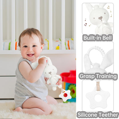 Baby Shower Gifts for Girls Unique Gift Basket 8 Pack - Baby Lovey Blanket Newborn Bibs Socks Rabbit Rattle Wooden Milestones Greeting Card Set, Newborn Baby Gift Set…