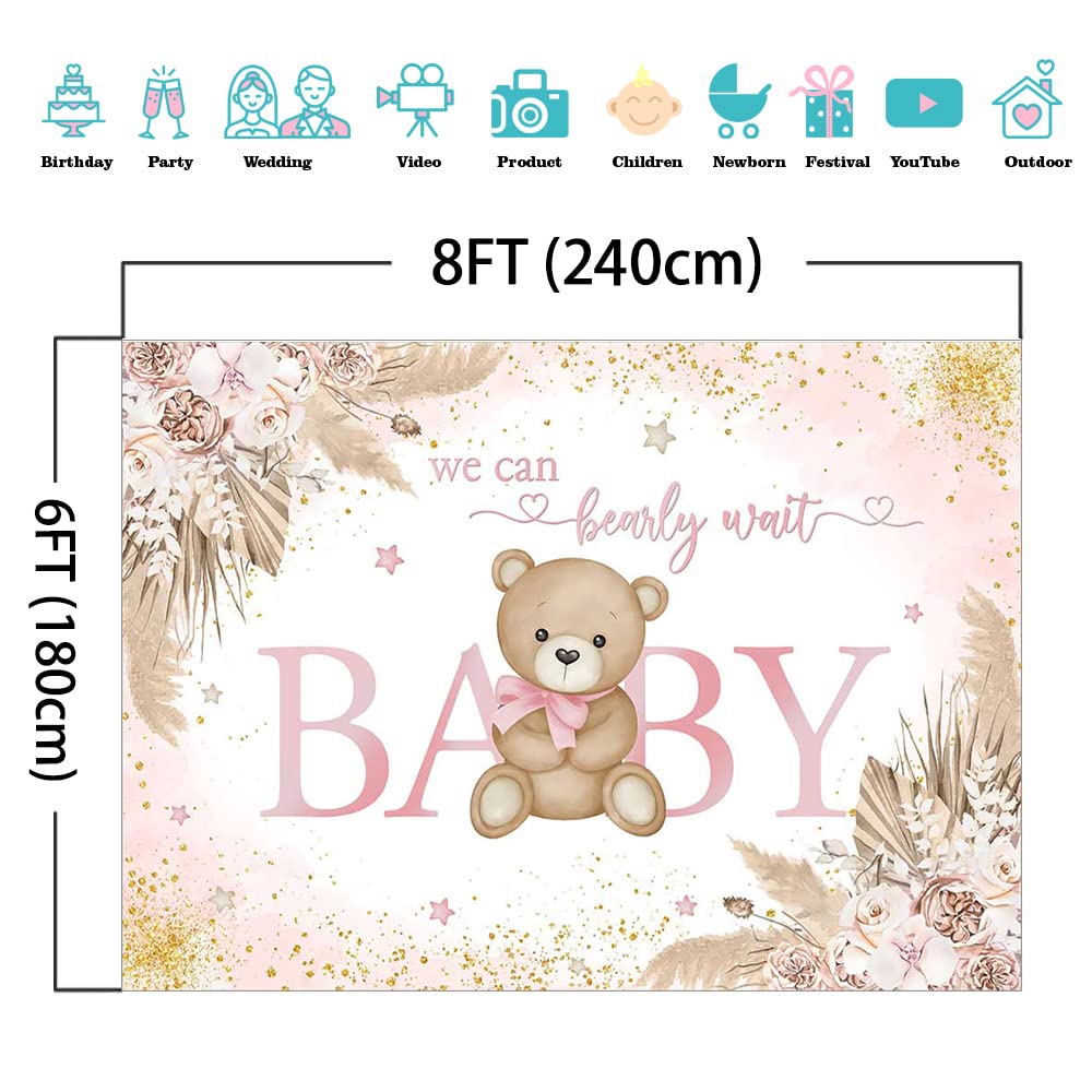 Mocsicka Girl Bear Backdrop Pink Boho Pampas Grass Background We Can Bearly Wait Baby Shower Party Cake Table Decoration Photo Booth Props (7x5ft)