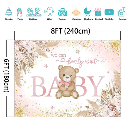 Mocsicka Girl Bear Backdrop Pink Boho Pampas Grass Background We Can Bearly Wait Baby Shower Party Cake Table Decoration Photo Booth Props (7x5ft)