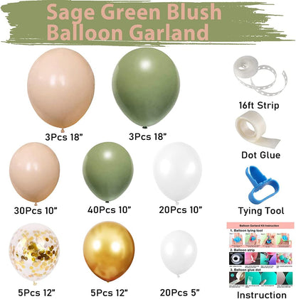 Sage Green Blush Eucalyptus Balloon Garland Kit, 131 Pcs Sage Green Blush Balloons with Artificial Eucalyptus Leaves Stems for Baby Bridal Shower Birthday Safari Party Decoration