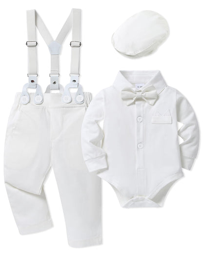 WESIDOM Baby Boy Clothes 0-18M Newborn Infant Gentleman Outfit, Shirt+Bowtie+Beret+Suspender Pant Baby boy Suit Clothing Set