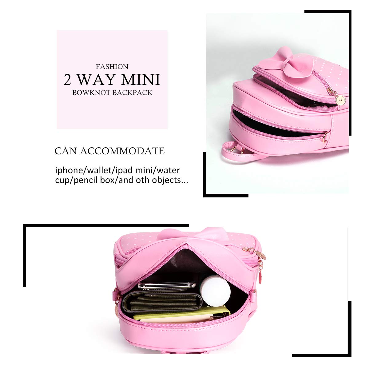 KL928 Girls Bowknot Polka Dot Cute Mini Backpack Small Daypacks Convertible Shoulder Bag Purse for Women