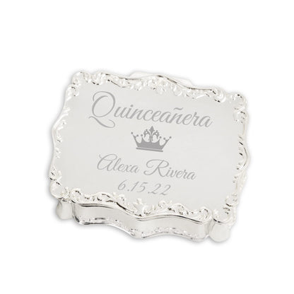 Cherished Moments Personalized Small Rectangle-Shaped Jewelry Keepsake Box with Custom Engraved Name or Initials, Silver Toned