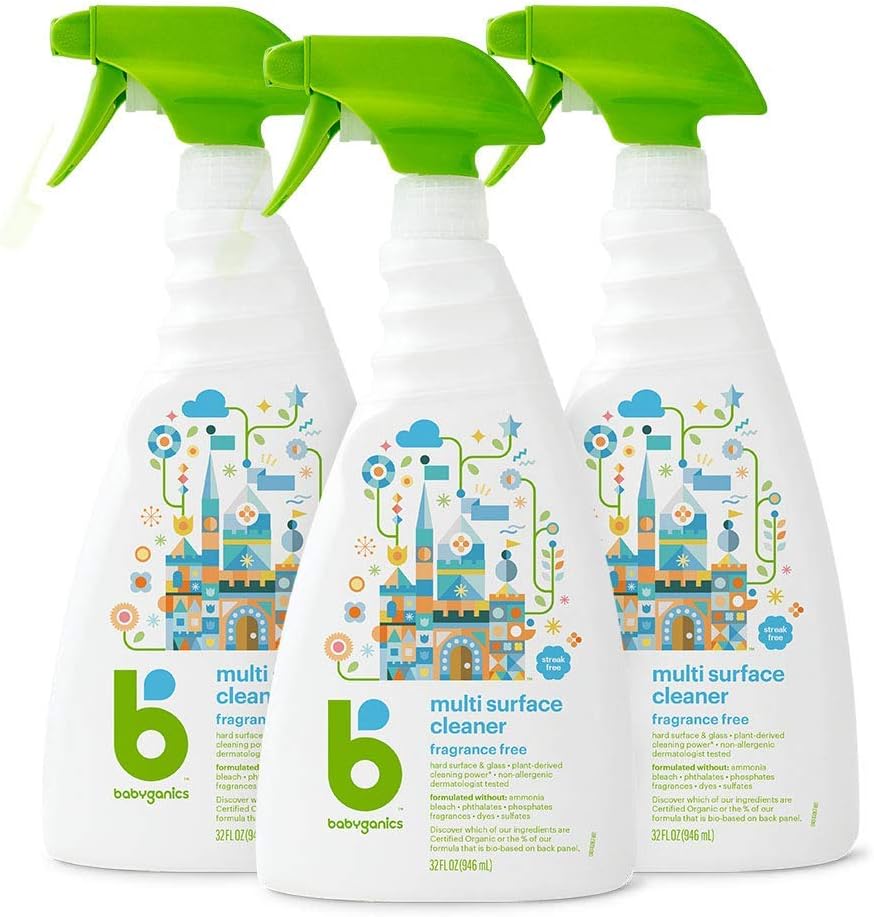 Babyganics Multi Surface Cleaner, Fragrance Free, For Hard Surfaces, Glass, Stainless Steel, Tiles, and Walls, 32 Fl Oz Spray Bottle (Pack of 3)