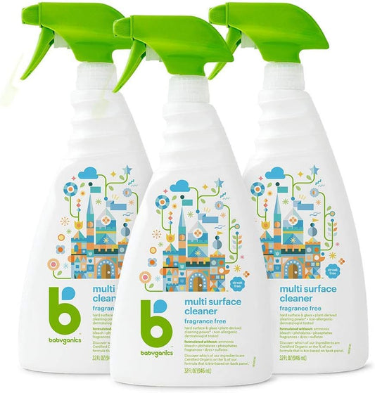 Babyganics Multi Surface Cleaner, Fragrance Free, For Hard Surfaces, Glass, Stainless Steel, Tiles, and Walls, 32 Fl Oz Spray Bottle (Pack of 3)