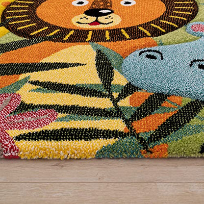 Kids Rug with Cute Animals on a Hot Air Balloon Ride in Pastel, Size: 2'8" x 4'11"