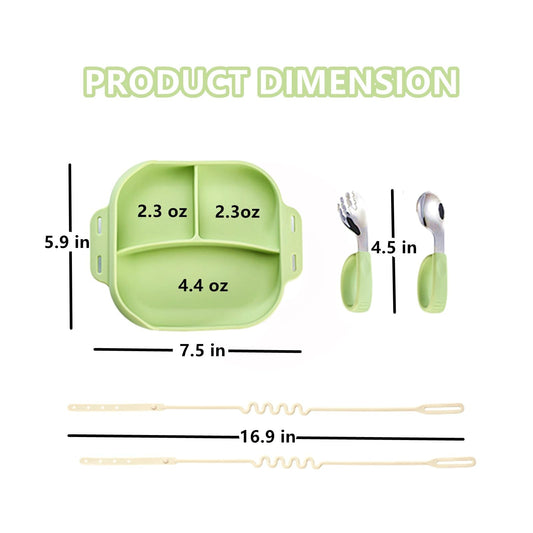 Silicone Tableware for Baby, Silicone Divided Suction Plate for Babies with Built-in Suction Cups, Baby Spoons, Babies Attachable Tethers, Divided Design for Picky Eaters, Baby Led Weaning Supplies