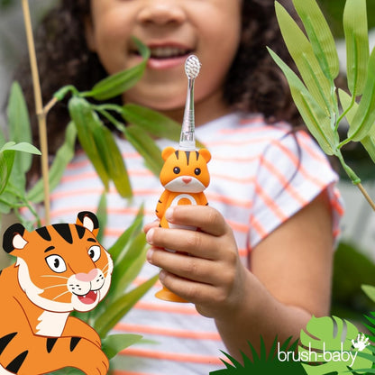 brush-baby WildOnes™ Rechargeable Kids Electric Toothbrush – Toby Tiger | Flashing Lights, 2-Min Timer, Waterproof, 3 Brush Heads | Toddler & Child Toothbrush Ages 0-10 | Soft Bristles