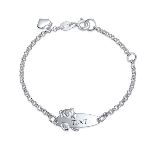 Bling Jewelry Personalized Name Bar Teddy Bear ID Identification Bracelet Women Teen .925 Silver Sterling Small Wrists 5-6 Inch Adjust