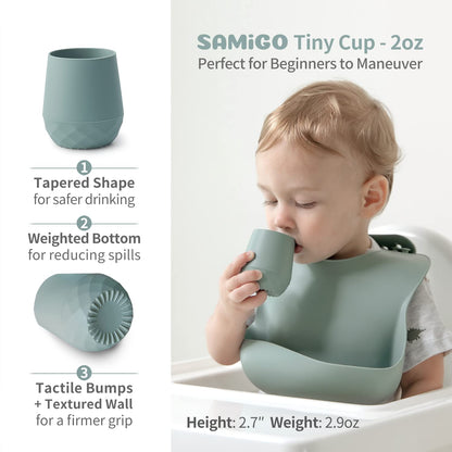 SAMiGO Silicone Baby Utensils - Self Feeding Spoons and Tiny Training Cup - First Stage Baby Led Weaning Supplies for 6 Months+ Infants - Set of 3