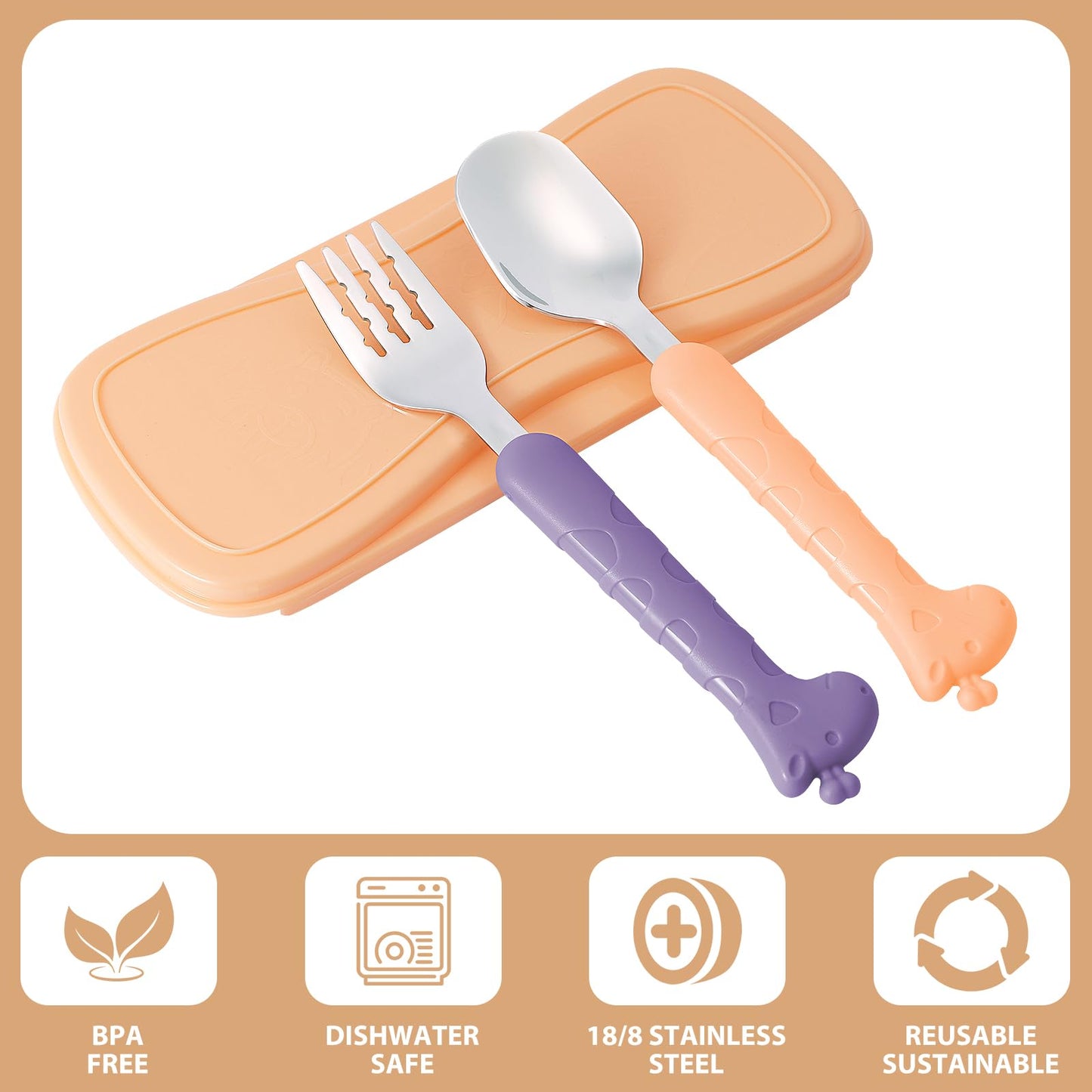 lohodo Toddler Utensils Kids Spoon and Fork Set 18/8 Stainless Steel Silverware BPA Free Pink & Purple Cute Giraffe Child Flatware with Travel Case for Age 3+