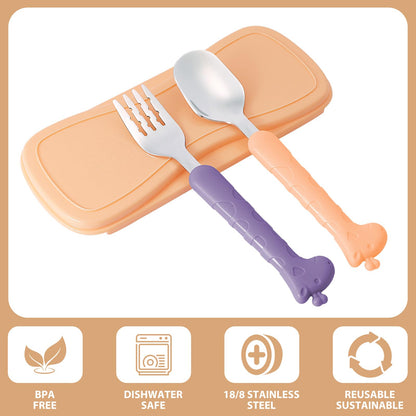 lohodo Toddler Utensils Kids Spoon and Fork Set 18/8 Stainless Steel Silverware BPA Free Pink & Purple Cute Giraffe Child Flatware with Travel Case for Age 3+