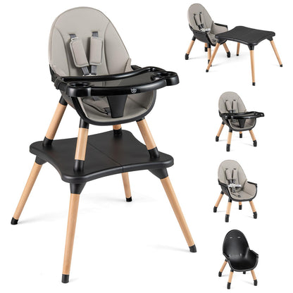 BABY JOY 6 in 1 High Chair, Convertible High Chairs for Babies and Toddlers/Booster Seat/Table and Chair Set, Infant Wooden Highchair w/ 5-Point Harness, 4-Position Removable Tray & PU Cushion, Coffee