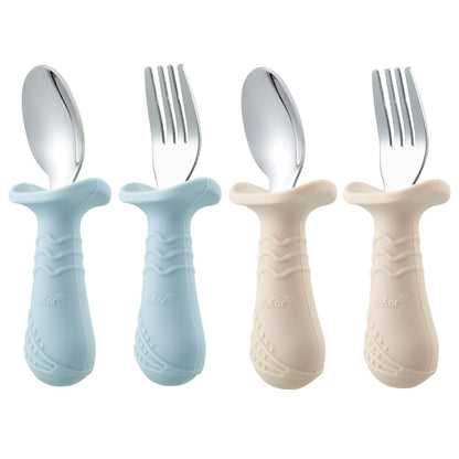 PandaEar Baby Toddler Fork and Spoon Utensil Set, 6 Pack Silicone Stainless Steel Silverware Spoon Fork for Babies Toddler, BPA Free with Silicone Holding Anti-Choke Design (Green Blue Brown)