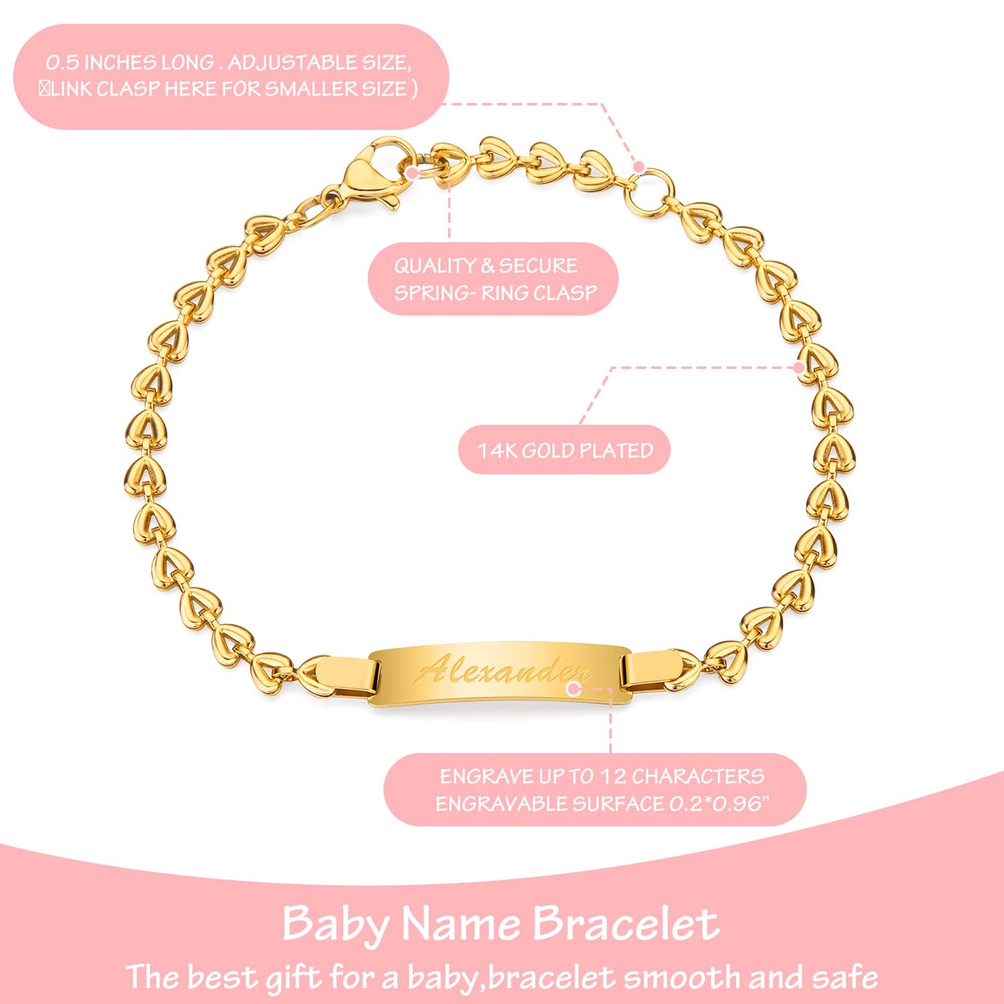 Tina&Co Personalized Baby Name Bracelet Customized 18K Gold Plated for NewBorn to Children Girl Boy Birthday Baby Shower Gift Personalized Gift 2313B (Style 1)