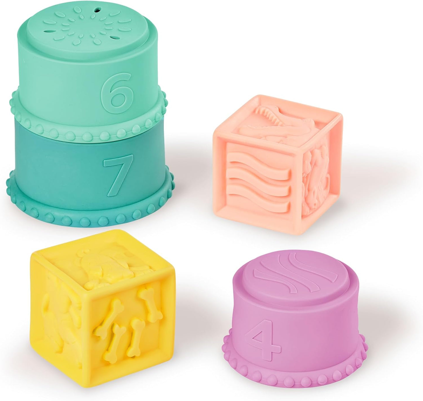 B. toys – Sensory Baby Toys – Soft Baby Blocks – Stacking Drip Cups – Numbers, Shapes & Animals – 6 Months + – Stackin' Squishies