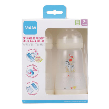 MAM 9oz Easy Start Anti-Colic Baby Bottles, Medium Flow, Breastfeeding-Like Silicone Nipple Bottle, Reduces Colic, Gas, & Reflux, Easy-to-Clean, BPA-Free, Colors May Vary