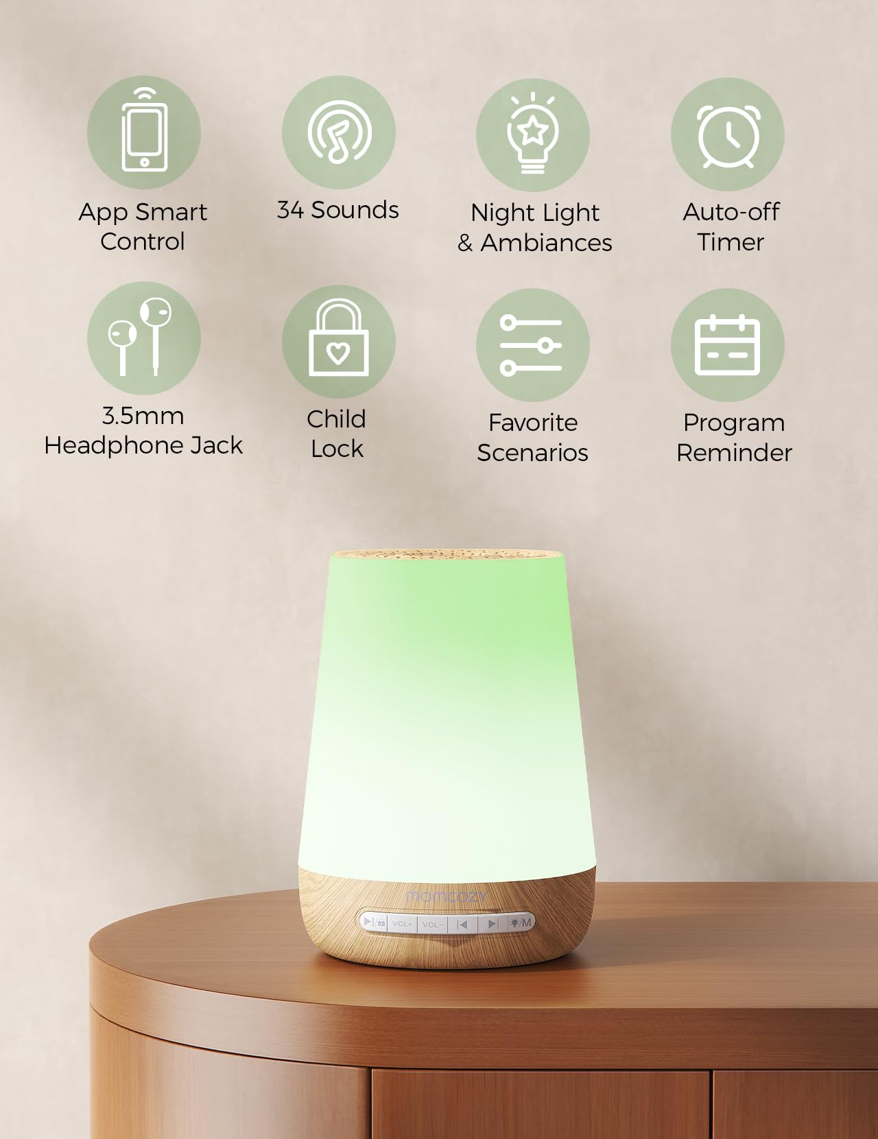 Baby Sound Machine, Momcozy White Noise Machine for Baby Sleeping with Night Light, Toddler Sleep Trainer with 34 Soothing Sounds, Timer, App Remote Control, Personal Sleep Routine(Green)