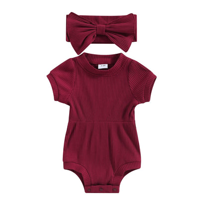 Baby Girl Summer Clothes Ribbed Short Sleeve Romper Solid Color Bodysuits Bow Headband Outfit Newborn Girl Jumpsuit