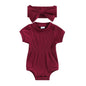Baby Girl Summer Clothes Ribbed Short Sleeve Romper Solid Color Bodysuits Bow Headband Outfit Newborn Girl Jumpsuit