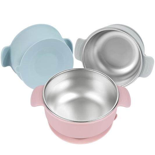 Bella’s Friends Stainless Steel and Silicone Baby Bowls with Suction 3 Pack, 4.3” for Toddlers Kids Feeding, Non-Slip, Non-Toxic, Mess-Free, Dishwasher Safe, Fit High Chair Size, light pink beige pink