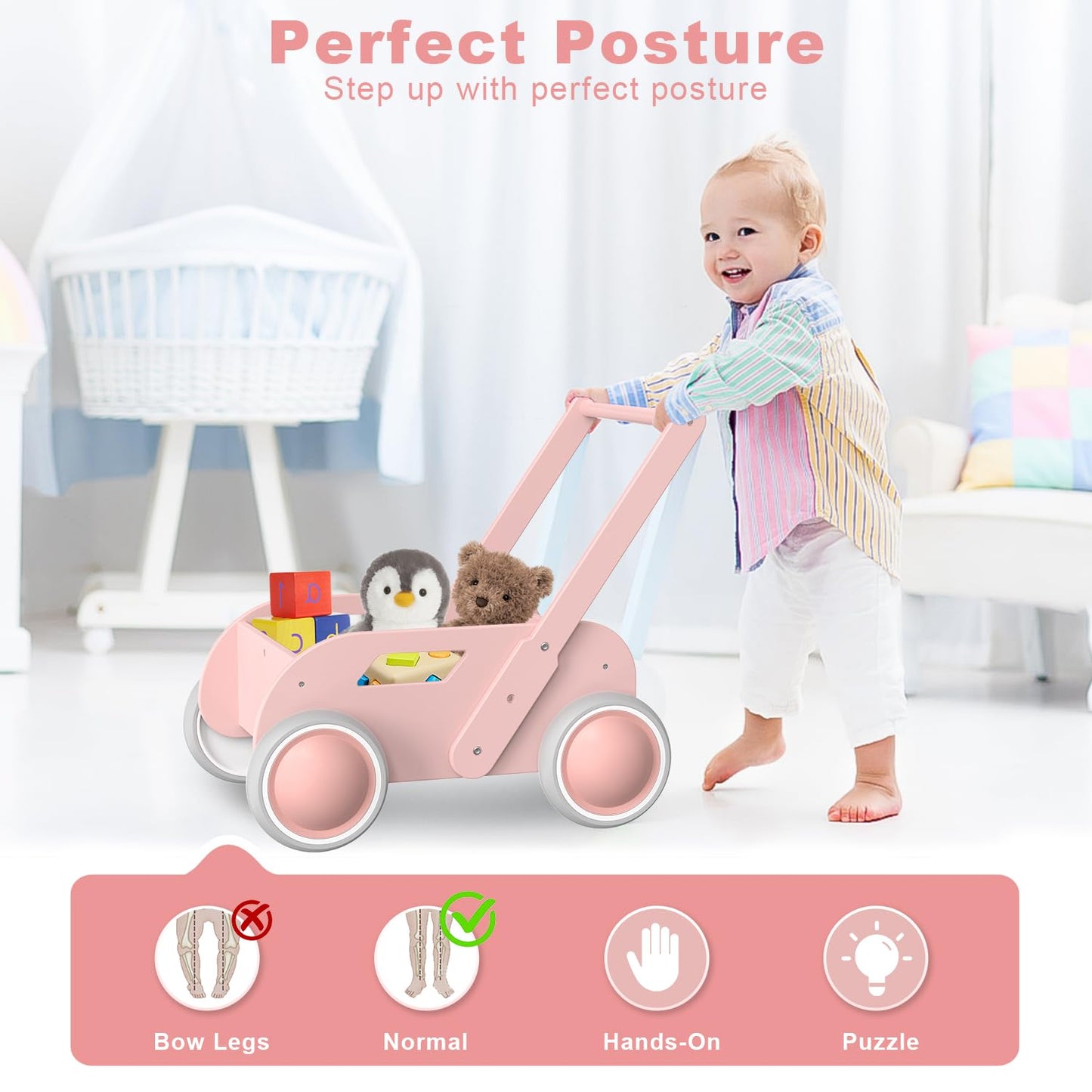 Wooden Baby Walker, Push and Pull Learning Walk Toys for Infants to Toddler, Walker with Wheels for Boys Girls, Gift for Birthday Christmas, Pink