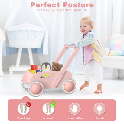 Wooden Baby Walker, Push and Pull Learning Walk Toys for Infants to Toddler, Walker with Wheels for Boys Girls, Gift for Birthday Christmas, Pink
