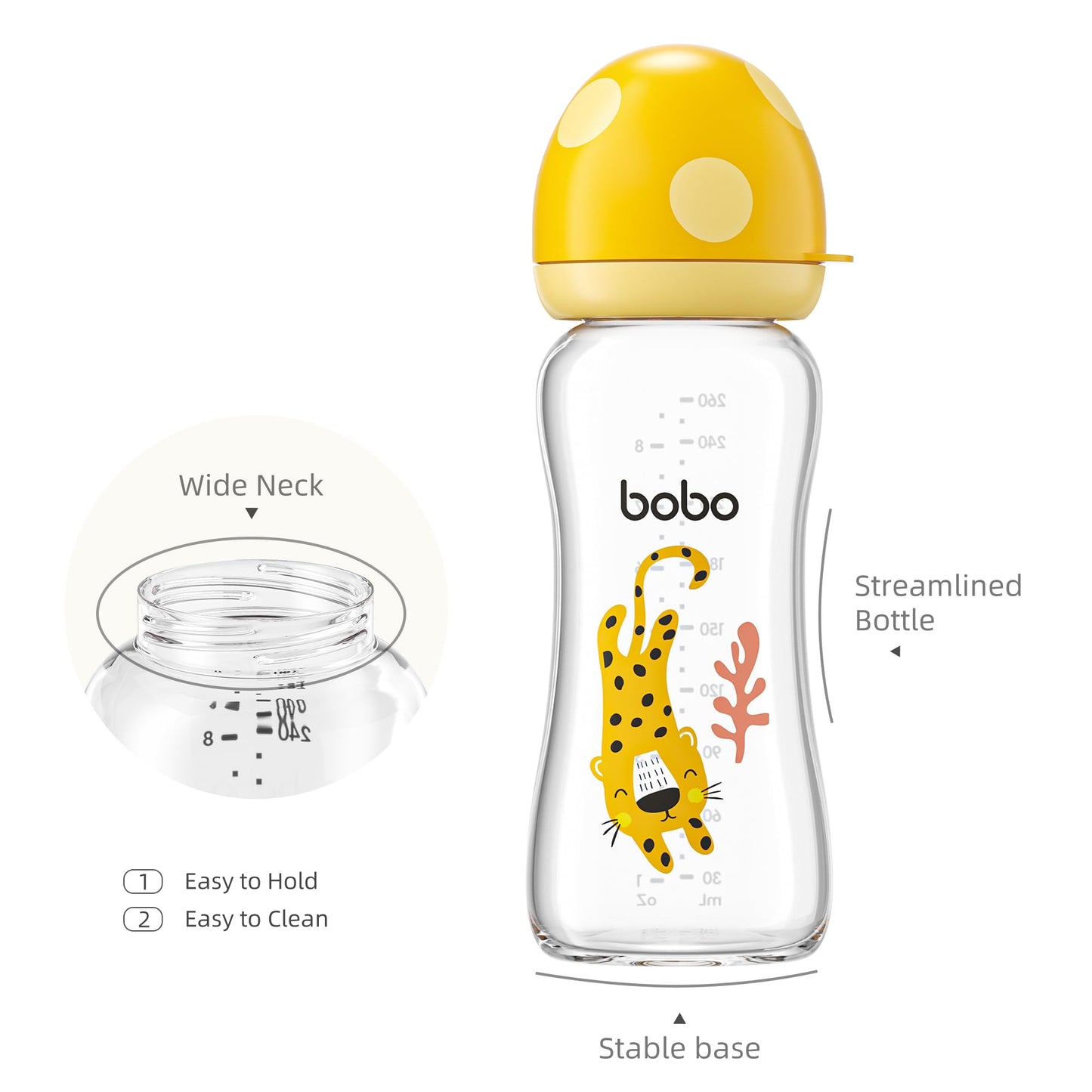 YOHKOH Natural Glass Baby Bottle with Natural Response Nipple, Newborn Anti-Colic Baby Bottles, Wide Neck Mushroom Cap Baby Bottle, Clear (8.8ounce (Pack of 4), Multicolour1)