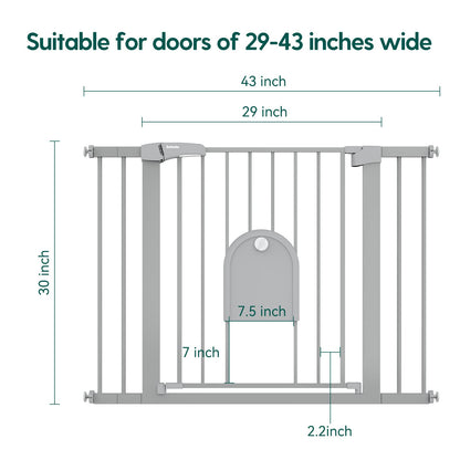 Babelio Upgraded Baby Gate with Cat Door, 29-43" Auto Close Durable Dog Gate for Stairs, Doorways and House, Easy Walk Thru Safety Gate with Pet Door Includes 4 Wall Cups, Black