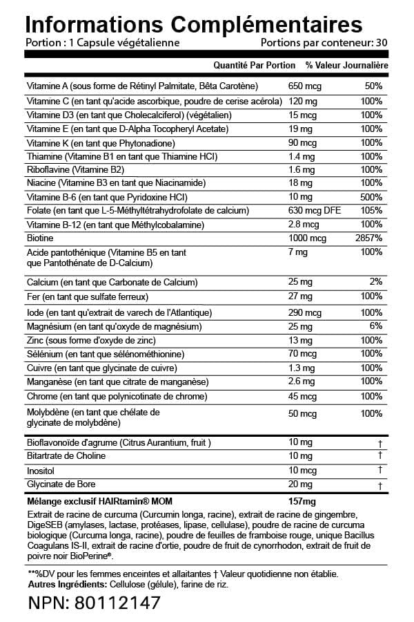 HAIRtamin MOM Vegan Prenatal & Postnatal Multivitamin Supplement & Hair Vitamin Pregnancy, Postpartum, Breastfeeding Probiotic One-a-Day Hair Vitamins with Biotin, Zinc, Iron (30 Counts)