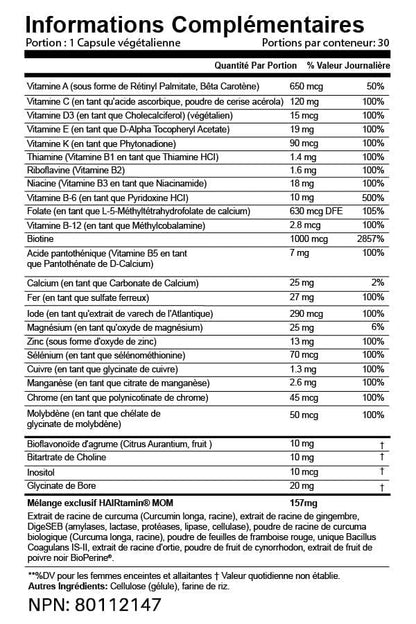 HAIRtamin MOM Vegan Prenatal & Postnatal Multivitamin Supplement & Hair Vitamin Pregnancy, Postpartum, Breastfeeding Probiotic One-a-Day Hair Vitamins with Biotin, Zinc, Iron (30 Counts)