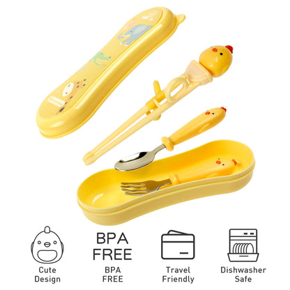 Toddler Utensils Stainless Steel Kids Silverware Set with Kids Spoons and Forks Set and Kids Chopsticks for Self Feeding Learning with Portable Case