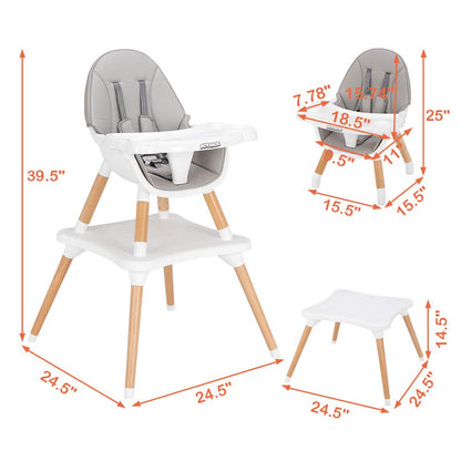 JOYMOR 5-in-1 Convertible Baby High Chair for Babies and Toddlers, Table and Chair Set, Wooden Infant Eating Highchair with Leather Seat Cushion, 4-Position Removeable & Adjustable Tray (Biege)