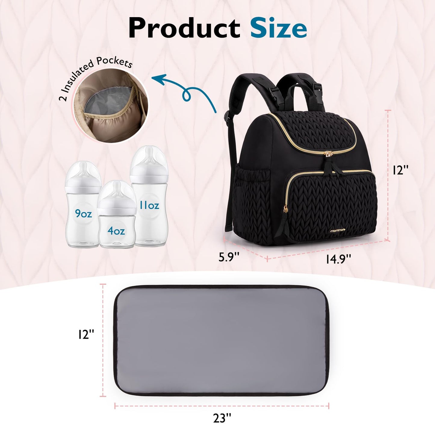 mommore Diaper Bag Small Diaper Backpack Stylish Baby Travel Backpacks with Insulated Pockets, Changing Pad, Stroller Straps