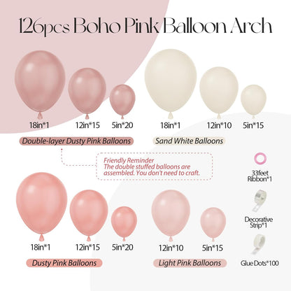 136pcs Boho Dusty Rose Pink Blush Pink White Balloons Garland Arch Kit,Dusty Pink Sand White Balloons for Birthday Bridal Wedding Boho Baby Shower Party Decorations for Girl