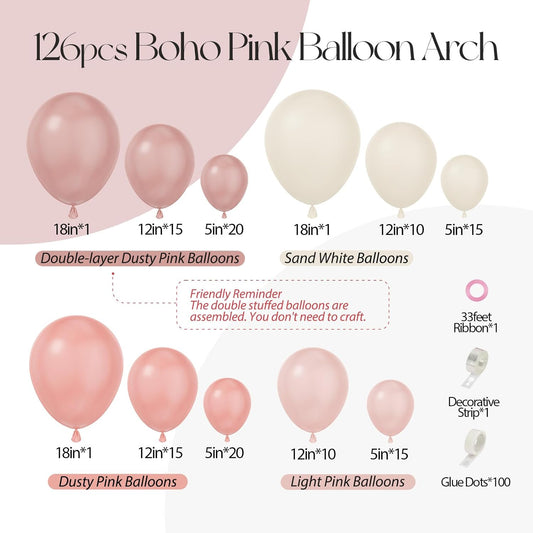 136pcs Boho Dusty Rose Pink Blush Pink White Balloons Garland Arch Kit,Dusty Pink Sand White Balloons for Birthday Bridal Wedding Boho Baby Shower Party Decorations for Girl