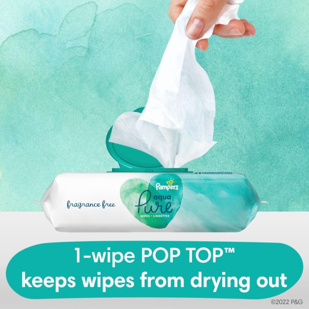 Pampers Baby Wipes Aqua Pure, 99% water-based wipes, Hypoallergenic and Unscented Infant Wipe, 896 Total (16 Flip-Top Packs)