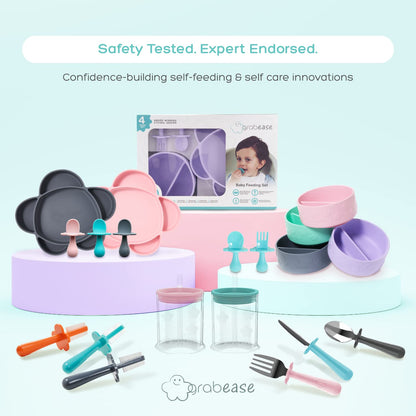 grabease Baby Essentials Must-Haves - Complete Feeding Set for Baby-Led Weaning and Portion Control - Suction Bottoms 4 Piece Set, BPA and Phthalates-Free, Blush