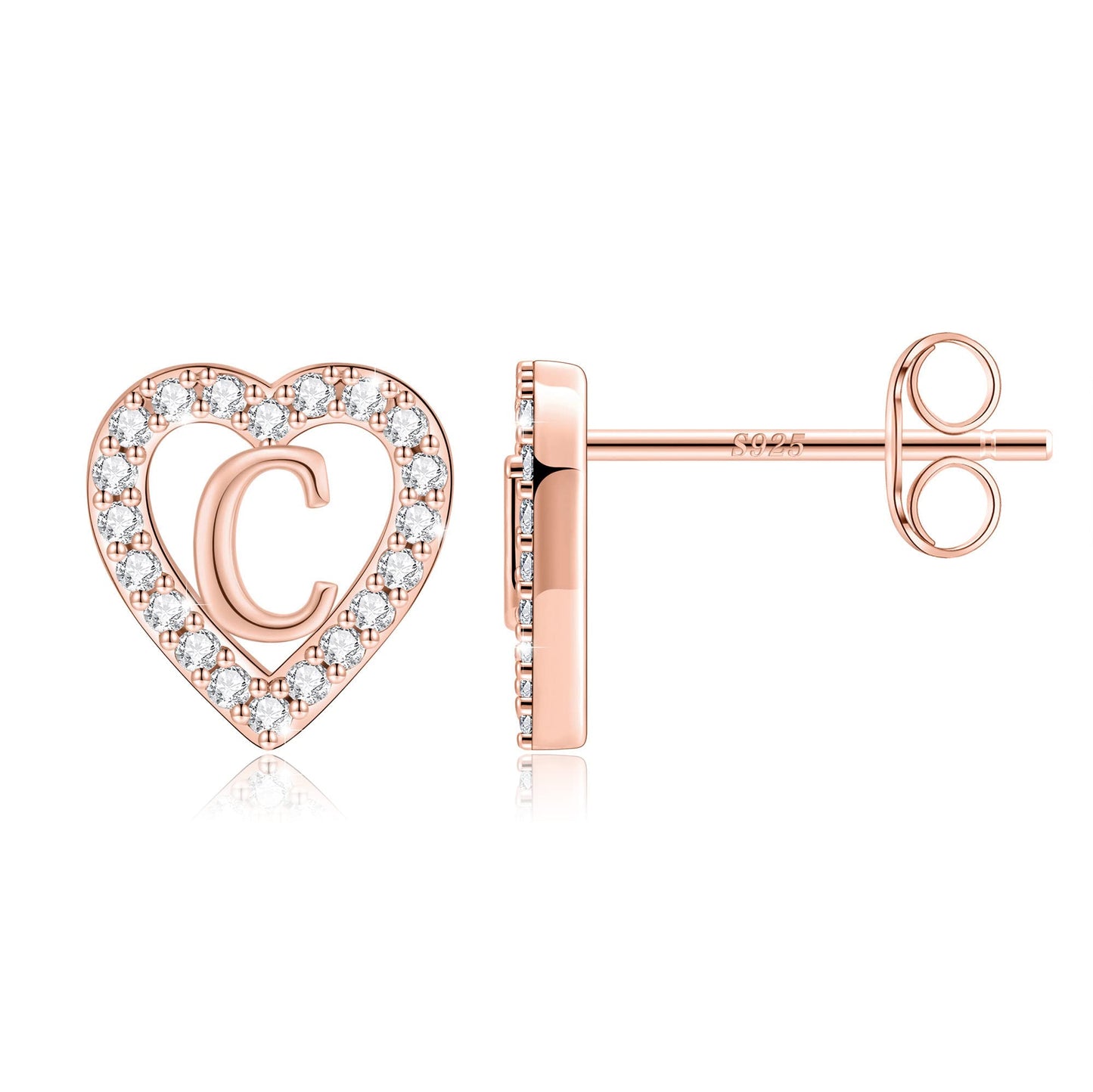 Anoup Heart Initial Stud Earrings - Gifts for Girls, Sterling Silver Post 14K Gold Plated All Over Hypoallergenic | CZ Simulated Diamond Stud Earrings | Birthday Gifts for Kids Toddlers Daughter