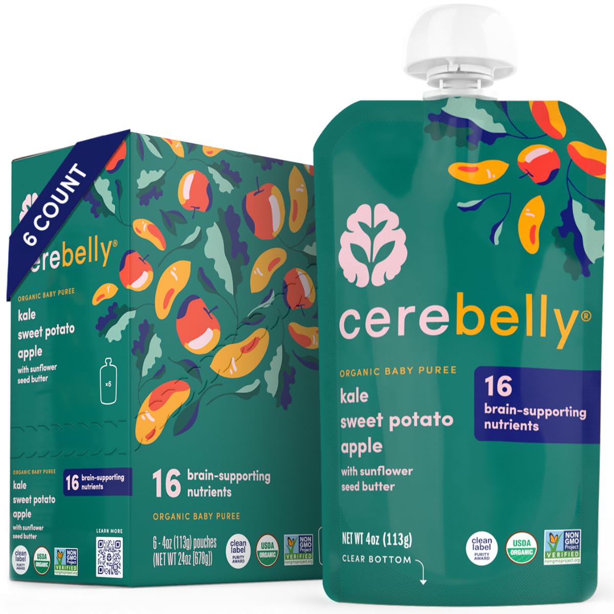 Cerebelly Organic Baby Food Pouches Variety Pack – Organic Veggie Purees for Toddlers | No Added Sugar, Fiber, Non-GMO | Blended Toddler Pouches | 4 Ounce BPA-Free Pouch | 4 Flavors | 8 Count