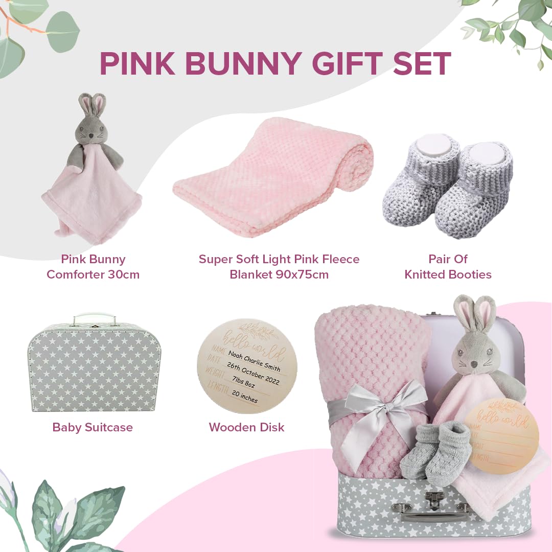 Baby Blue Bunny Security Blanket & Keepsake Box - Soft Fleece, Booties & Gift Basket - Unique Newborn Present