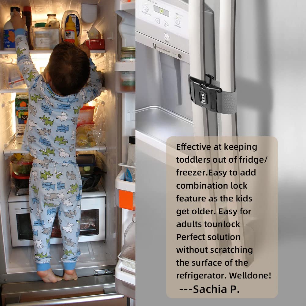 Fridge Freezer Refrigerator Cabinet Lock Latch, (2 Packs) Adjustable French Door Guard for Toddlers Children Kids Special Needs, No Drill No Screw No Adhesive (2 Packs Black)