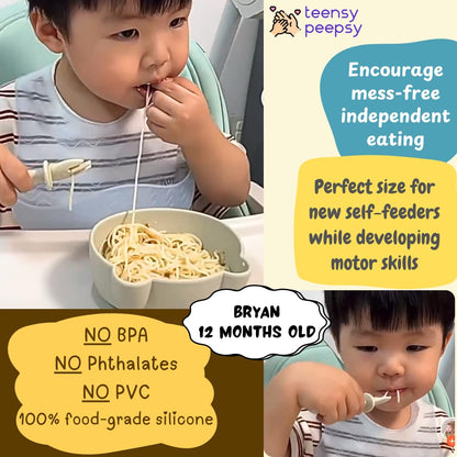 Bear Silicone Baby Bowl Suction Baby Spoon and Fork for Babies 6 months+ Suction Bowls for Baby Utensils 6-12M+ BLW Essentials (Peach Lilac)