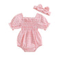 Infant Baby Girls Romper Ruffle Sleeve Pleated Smocked Bubble Plaid One Piece Ruched Jumpsuit Summer Bodysuit