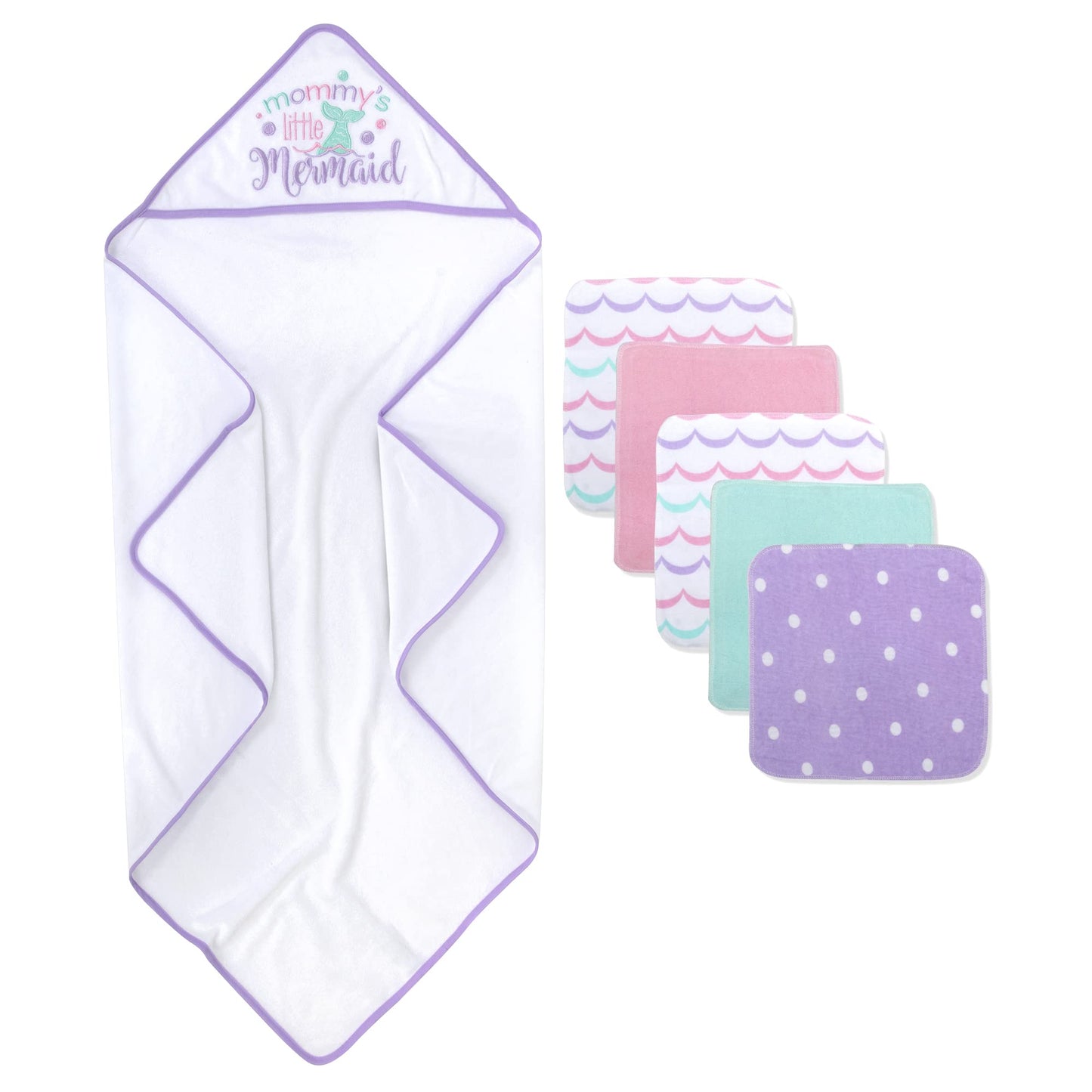 Baby Hooded Towel and Washcloth Set for Infants, Boys and Girls 6-12 Months (Mommy's Mermaid)