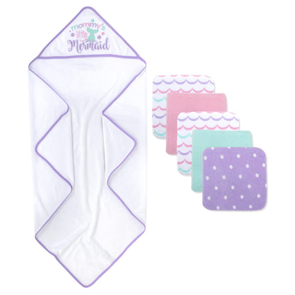 Baby Hooded Towel and Washcloth Set for Infants, Boys and Girls 6-12 Months (Mommy's Mermaid)