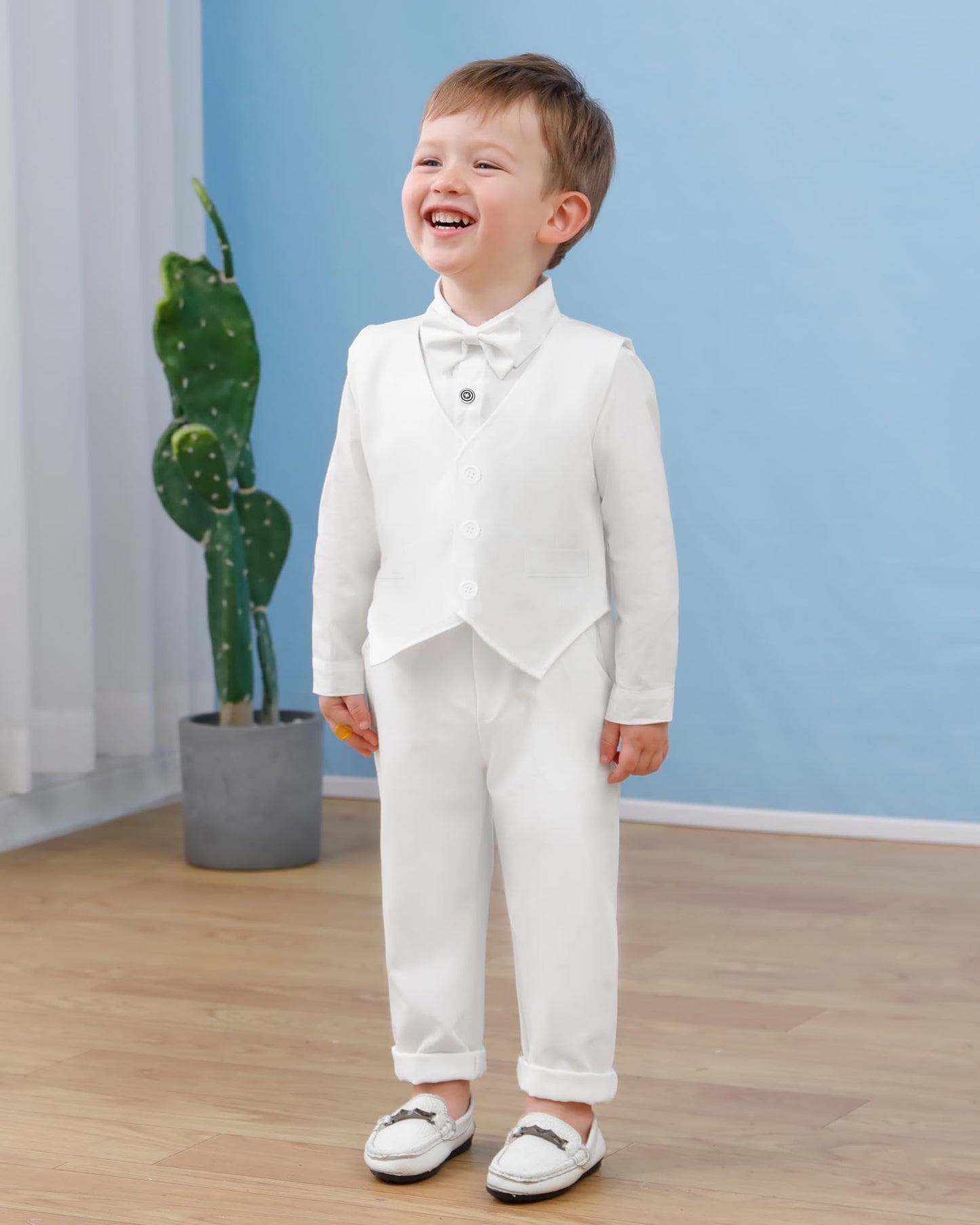 YUEMION Baby Boy Clothes Wedding Outfit Suits, 0-18 Months Infant Boy Gentleman Set, Dress Shirt+Vest+Suspender Pants+Bowtie